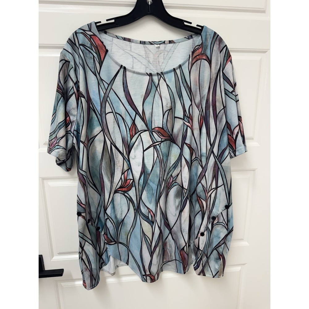 Unbranded 3XL Tunic Blouse Artsy Stained Glass Button Cutout Hem Multicolor